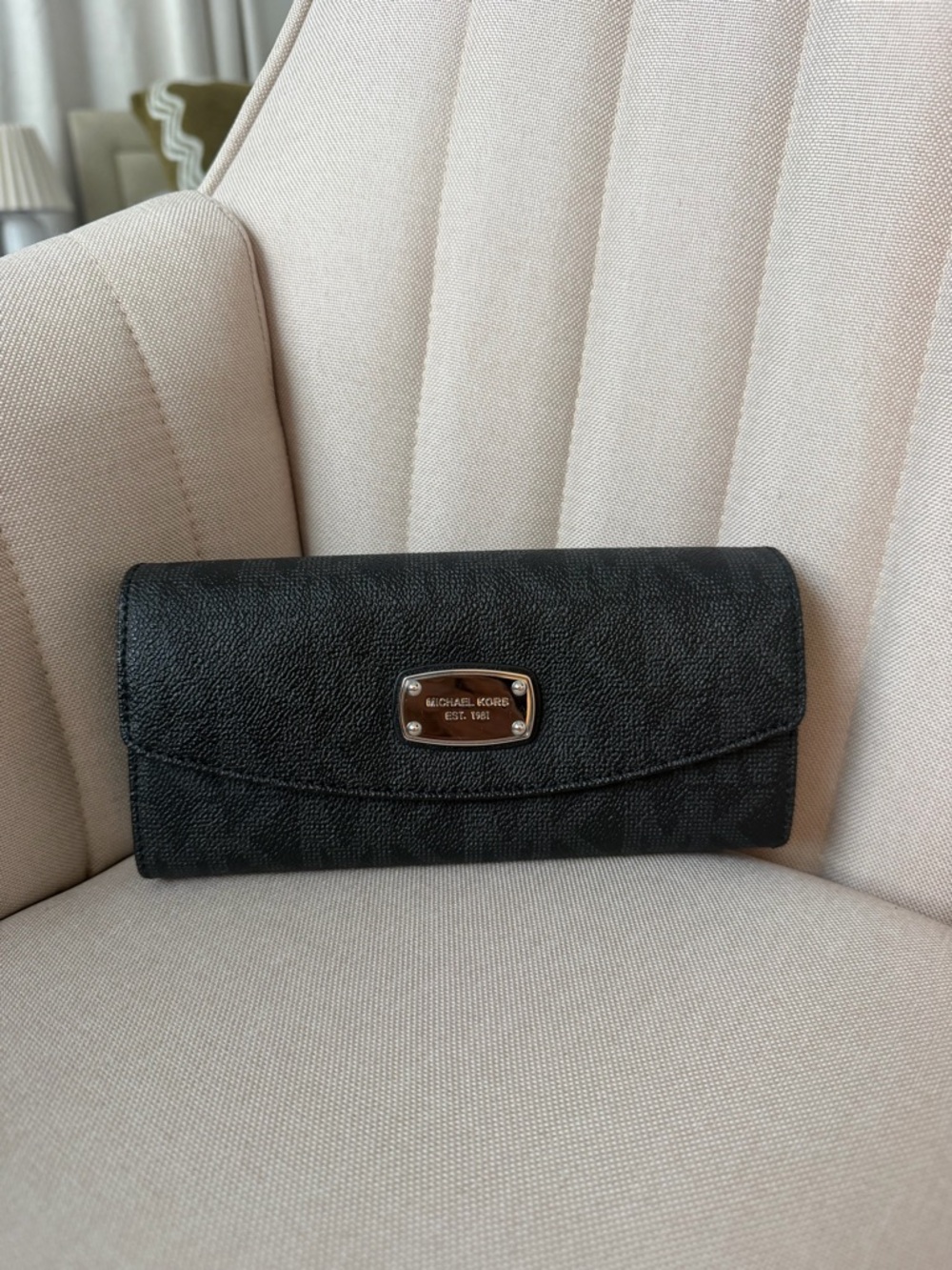 Michael Kors Black Textured Leather Continental Wallet with Gold Plaque